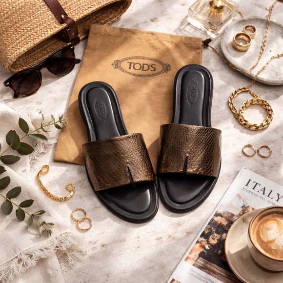 Tod’s | Python Leather Slide Sandals Brown Black | Size 8.5 EU 38.5 Italy - Picture 2 of 7